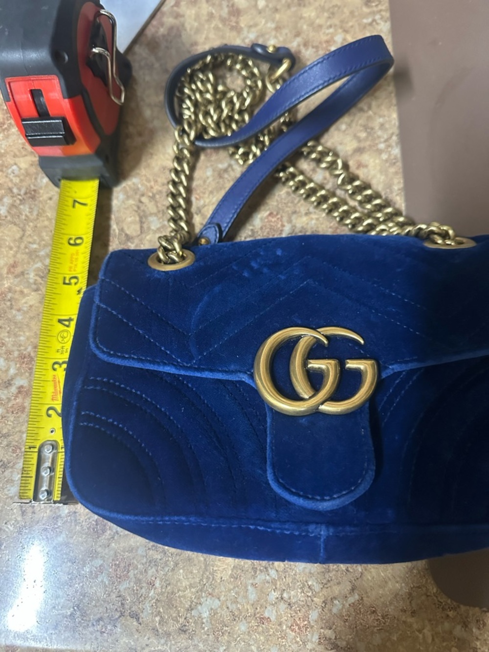 Gucci Navy Velvet Shoulder Bag with Gold Hardware. Authentic.